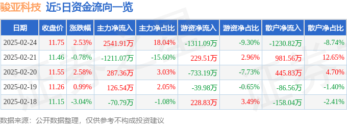 骏亚科技（603386）2月24日主力资金净买入254191万元(图1)
