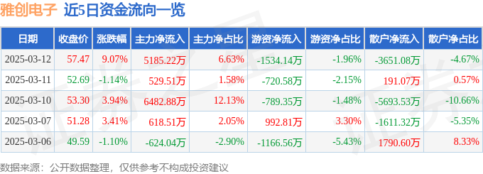 雅创电子（301099）3月12日主力资金净买入518522万元(图1)