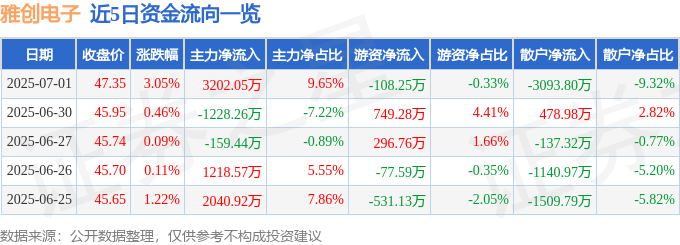雅创电子（301099）7月1日主力资金净买入320205万元(图1)