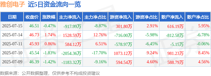 股票行情快报：雅创电子（301099）7月15日主力资金净卖出91799万元(图1)