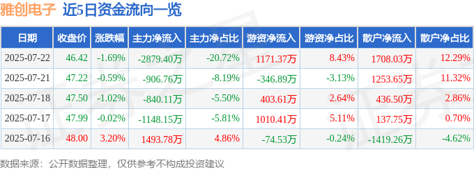 股票行情快报：雅创电子（301099）7月22日主力资金净卖出287940万元(图1)